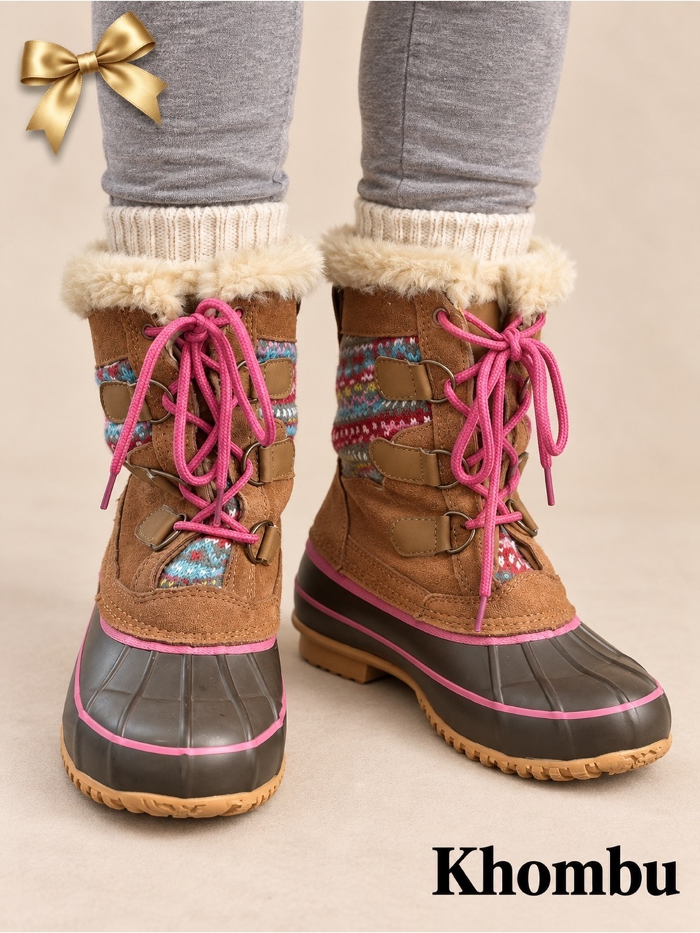 Khombu Tan Sweater-Knit Duck Boots – Girls Size 4